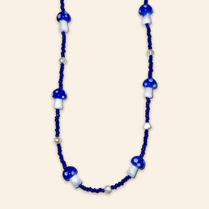 Glass Blue Mushroom and Pearl Bead Necklace