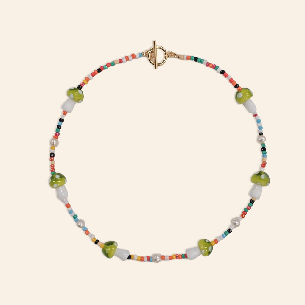 Glass Green Mushroom and Pearl Bead Multicolour Necklace