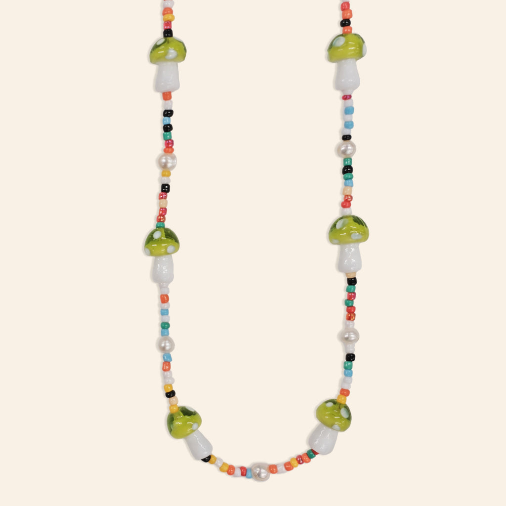 Glass Green Mushroom and Pearl Bead Multicolour Necklace