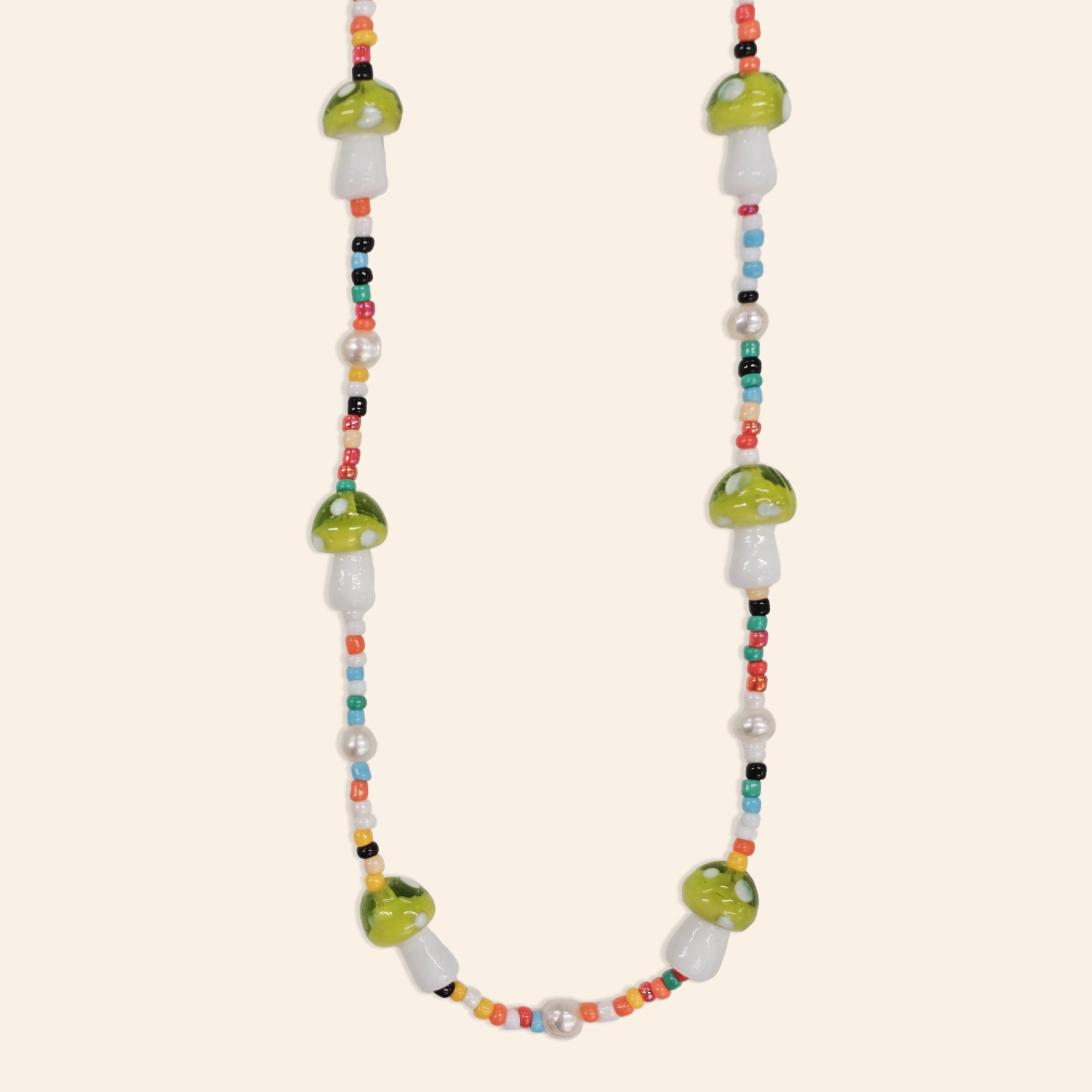 Glass Green Mushroom and Pearl Bead Multicolour Necklace
