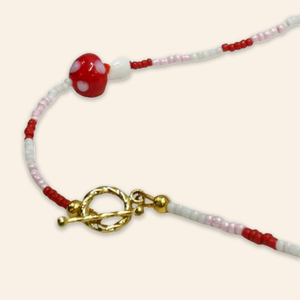 Red Mushroom Pink Bead Necklace