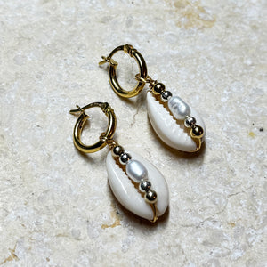 Cowrie Shell and Pearl Hoop Earrings