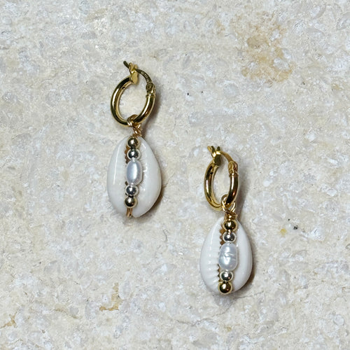 Cowrie Shell and Pearl Hoop Earrings