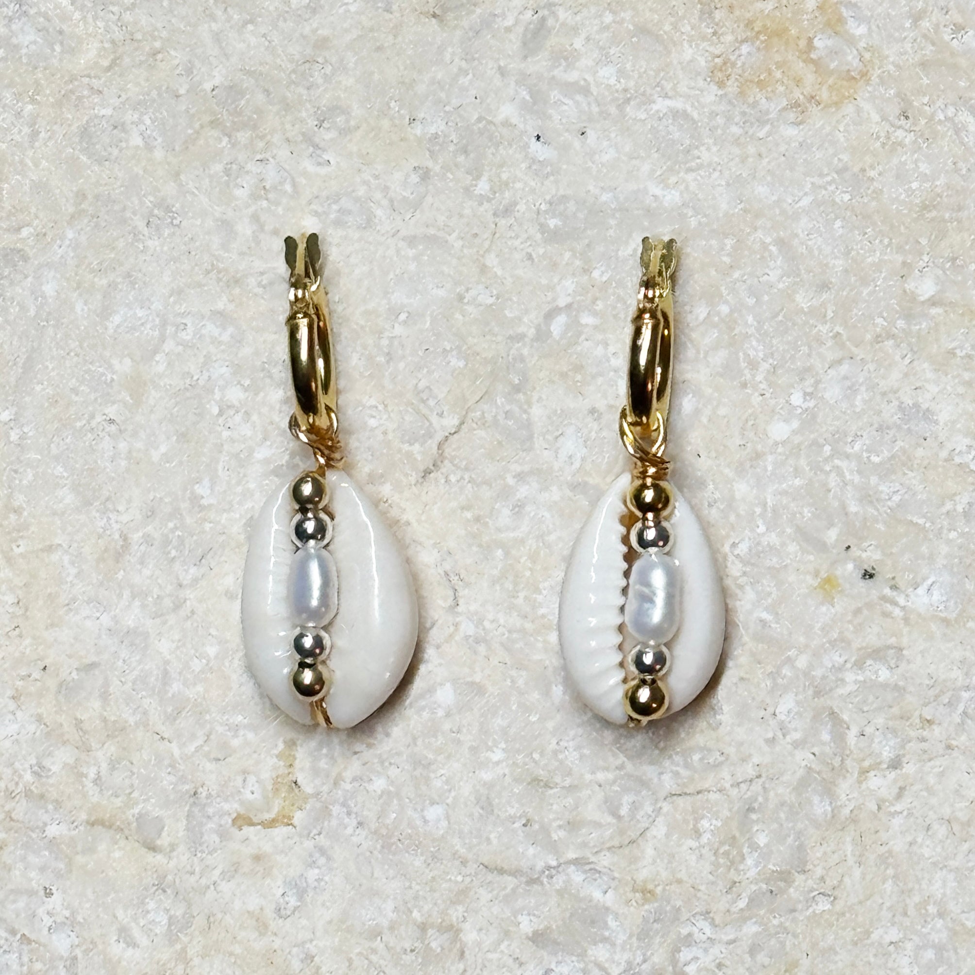 Cowrie Shell and Pearl Hoop Earrings
