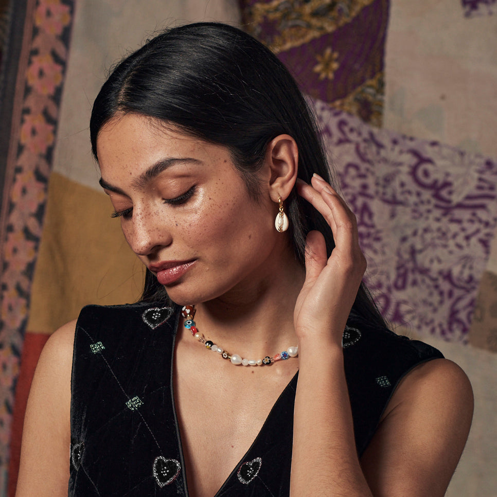 Cowrie Shell and Pearl Hoop Earrings
