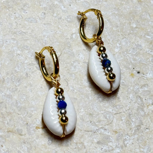 Cowrie Shell and Lapis Lazuli Hoop Earrings