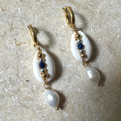 Cowrie Shell and Lapis Lazuli Pearl Drop Earrings