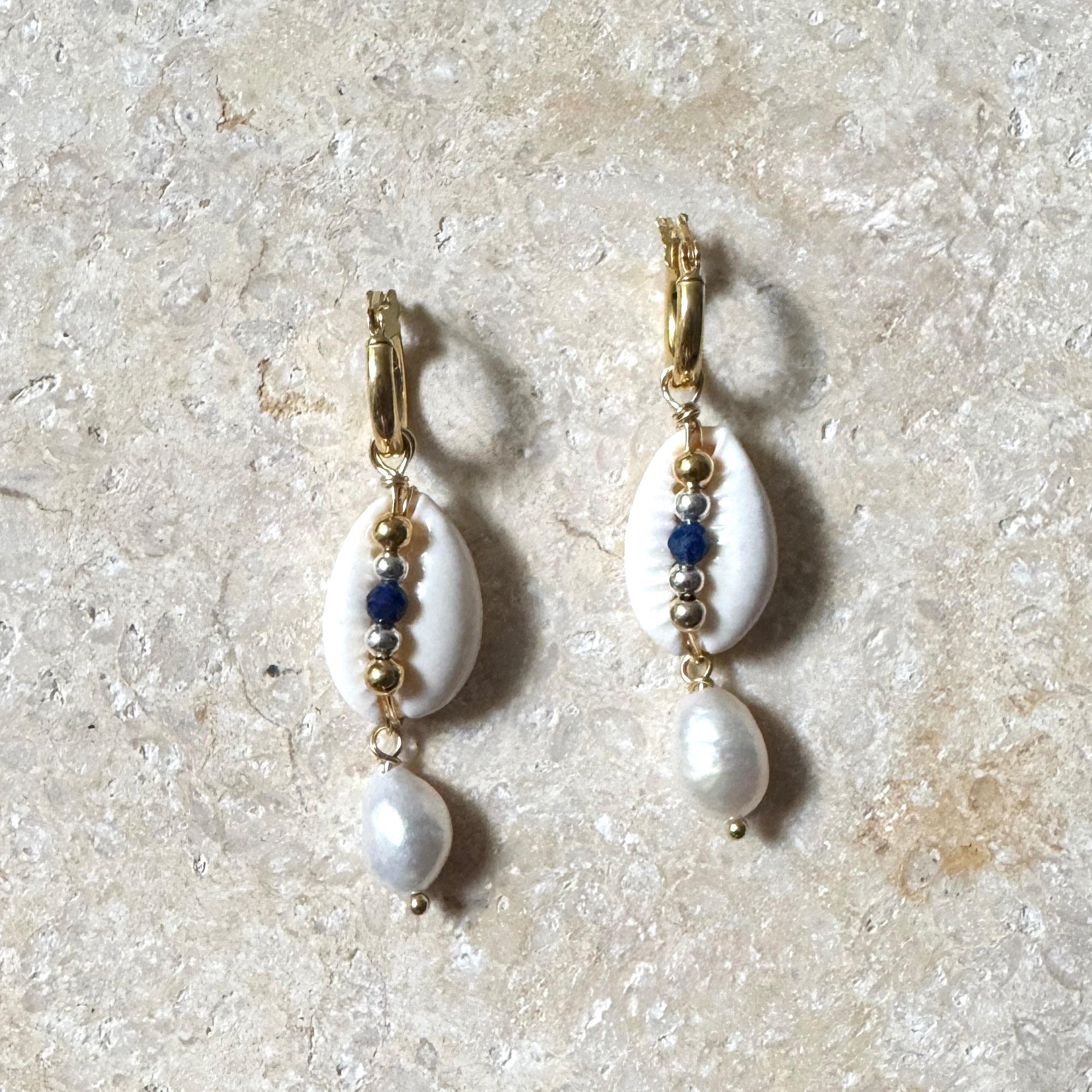 Cowrie Shell and Lapis Lazuli Pearl Drop Earrings
