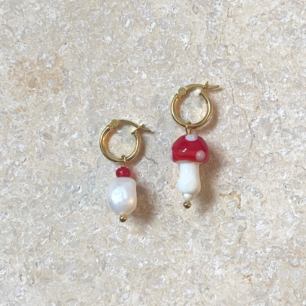 Red Mushroom and Pearl Hoop Earrings