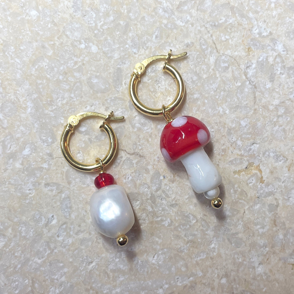 Red Mushroom and Pearl Hoop Earrings