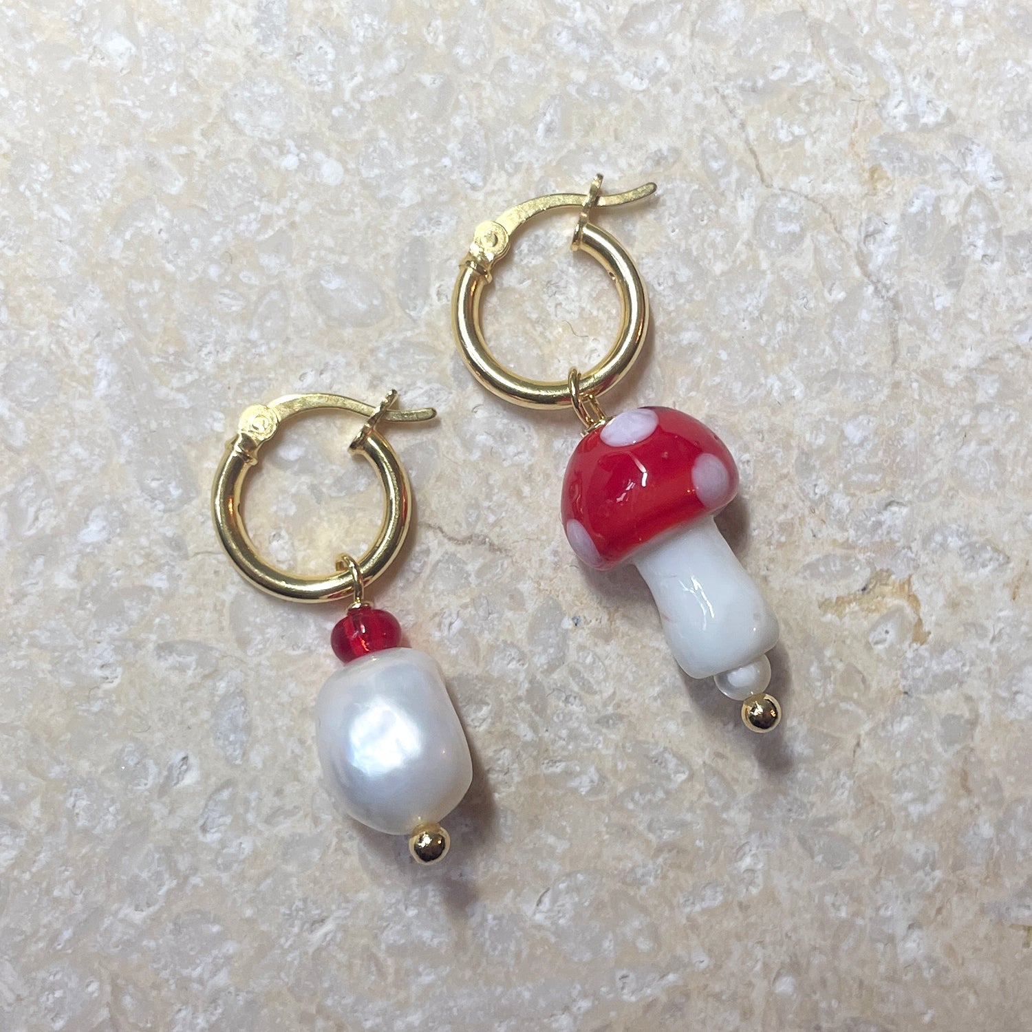 Red Mushroom and Pearl Hoop Earrings