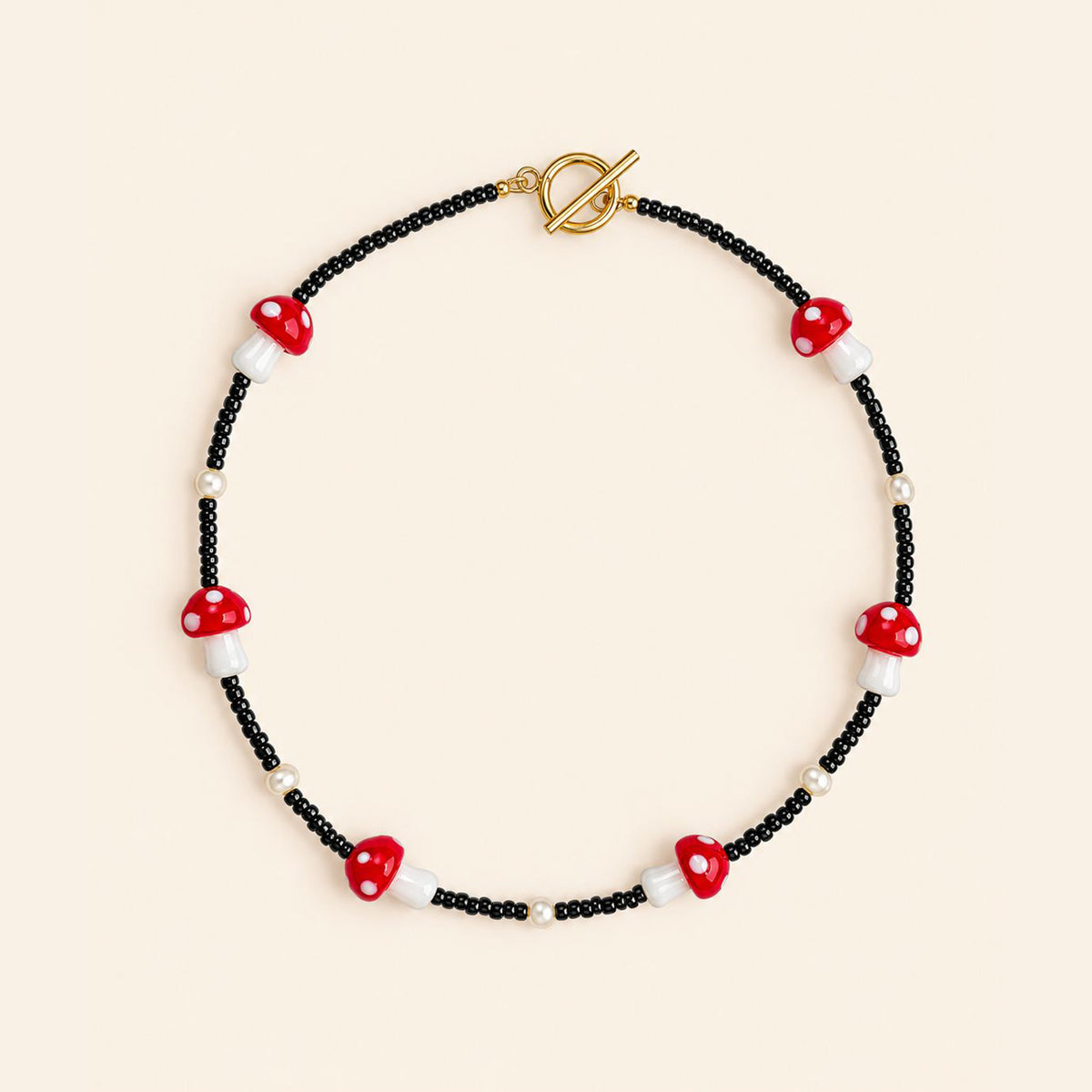 Glass Red Mushroom and Black Bead Necklace