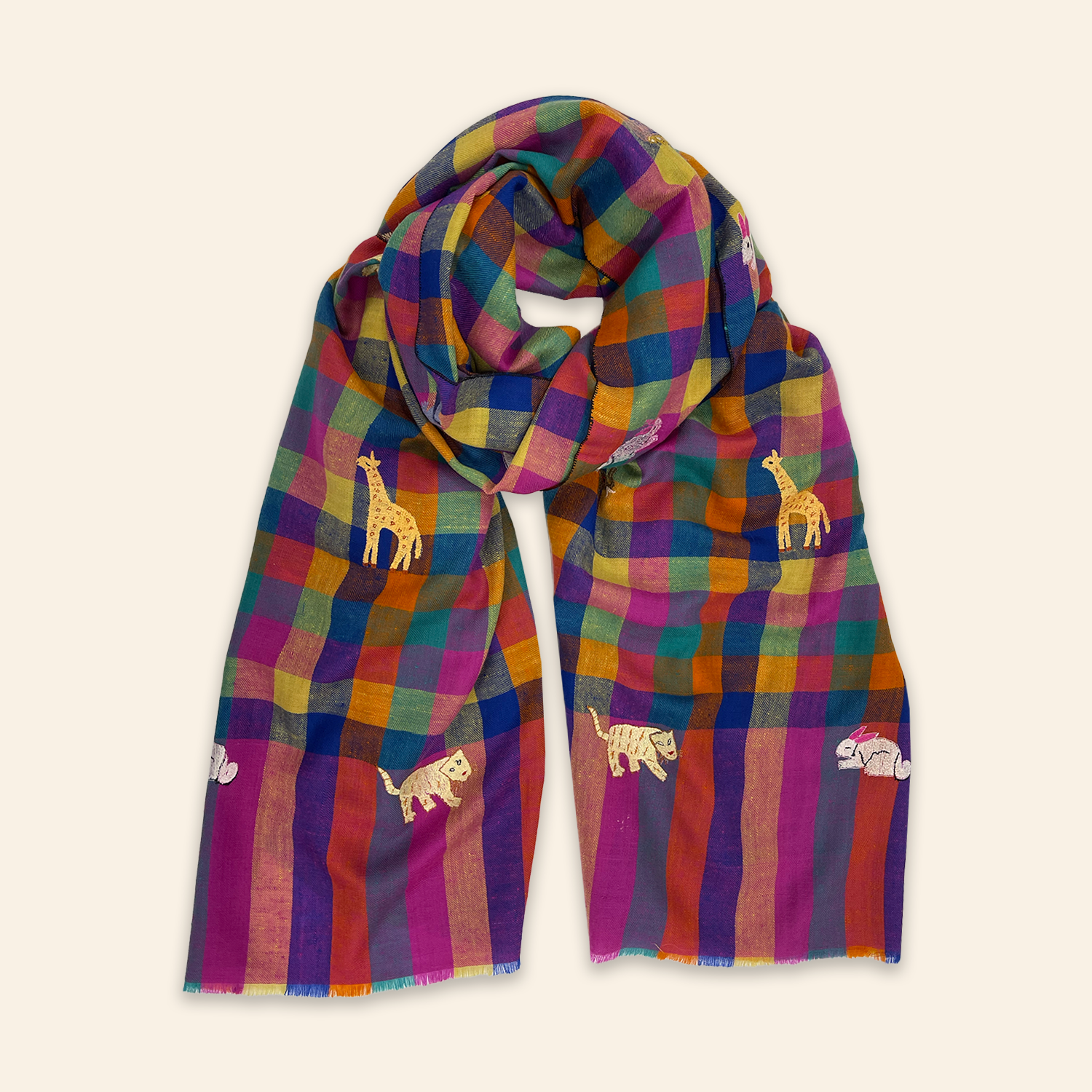 Animal Embroidered Shawl Multi Small Check