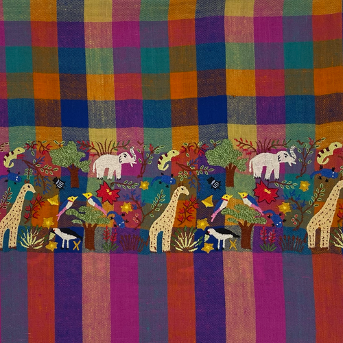 Animal Embroidered Shawl Purple and Pink Small Check