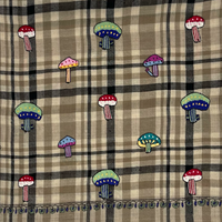 Multi-Coloured Mushroom Embroidered Shawl Beige, Natural and Black Check