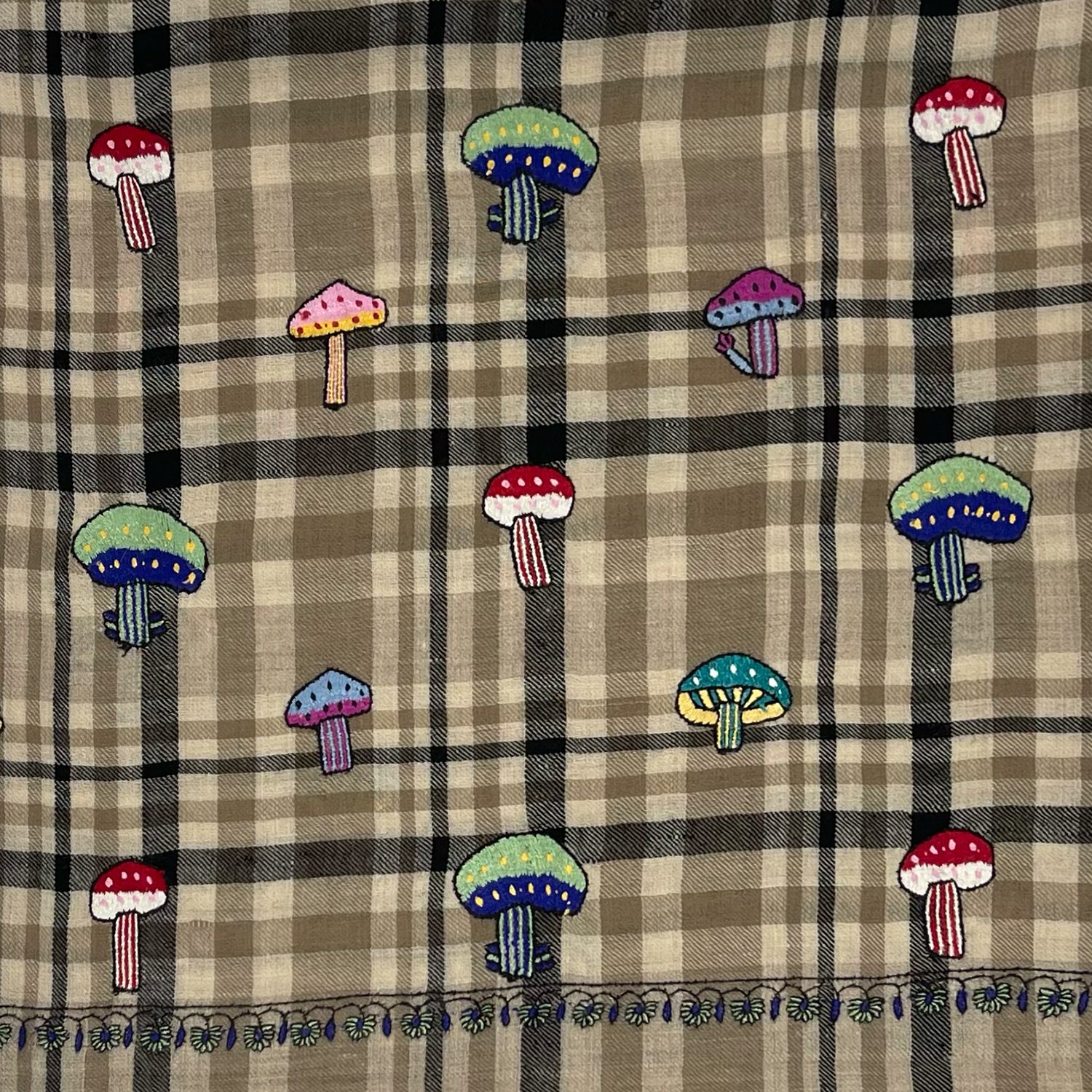 Multi-Coloured Mushroom Embroidered Shawl Beige, Natural and Black Check