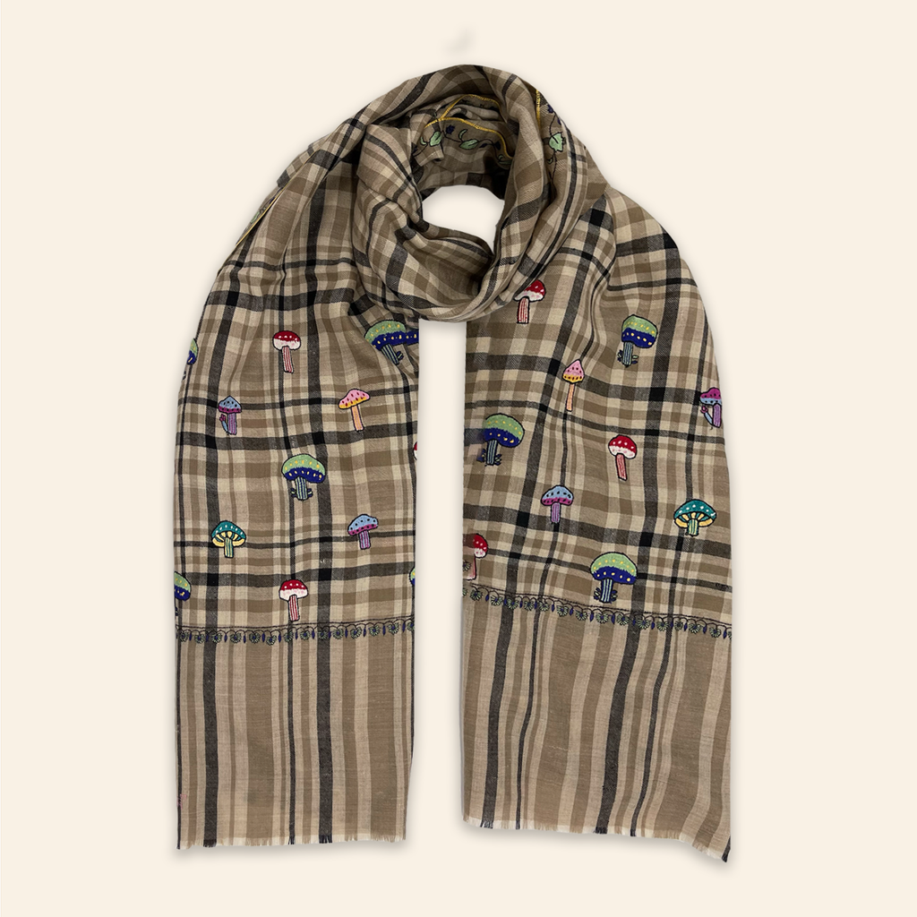 Multi-Coloured Mushroom Embroidered Shawl Beige, Natural and Black Check