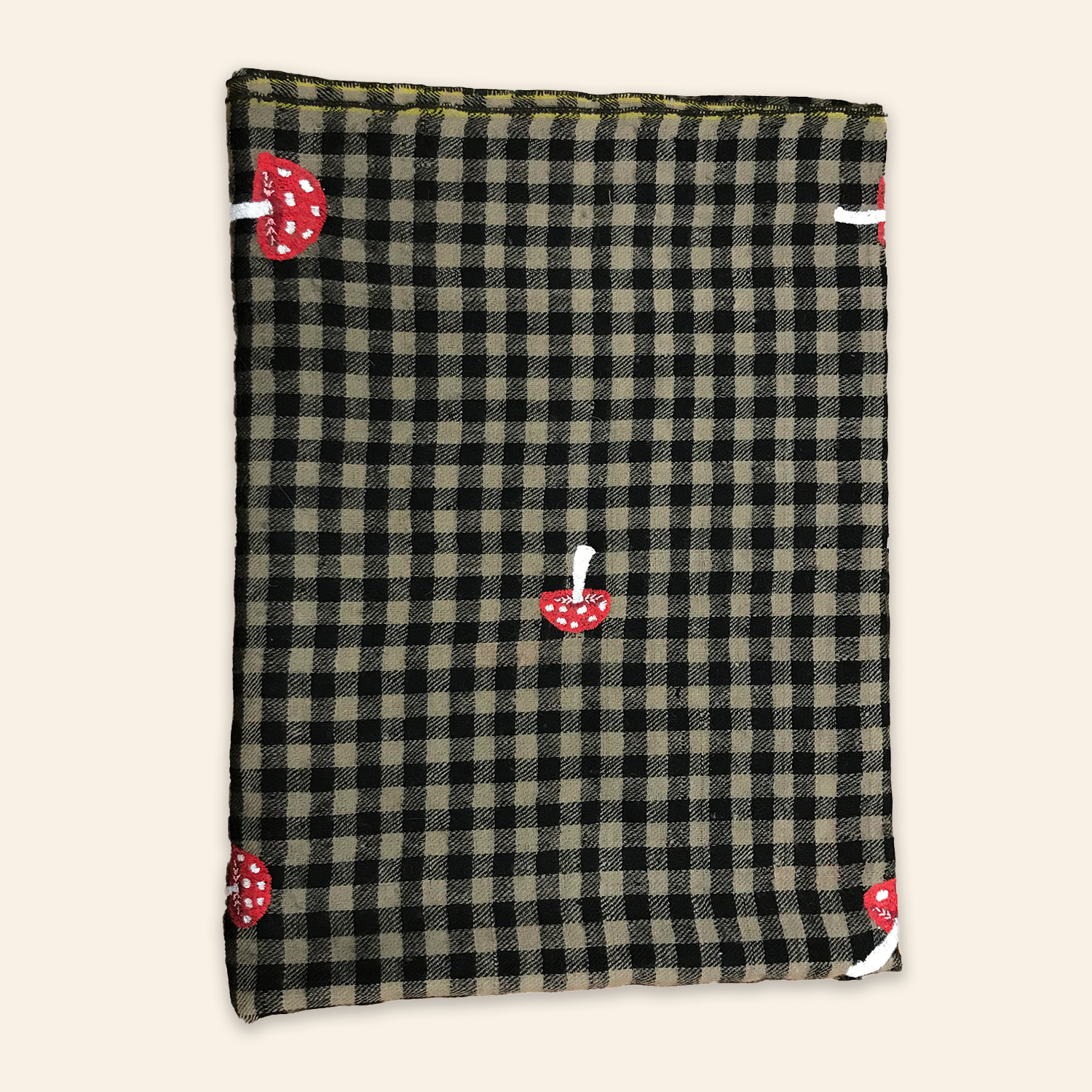 Mushroom Embroidered Shawl Black and Tan Mini Check