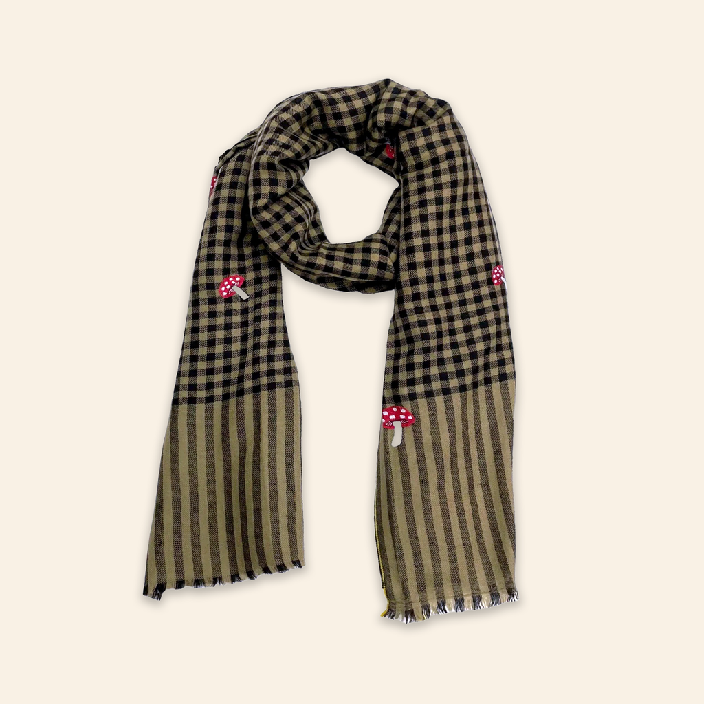 Mushroom Embroidered Shawl Black and Tan Mini Check