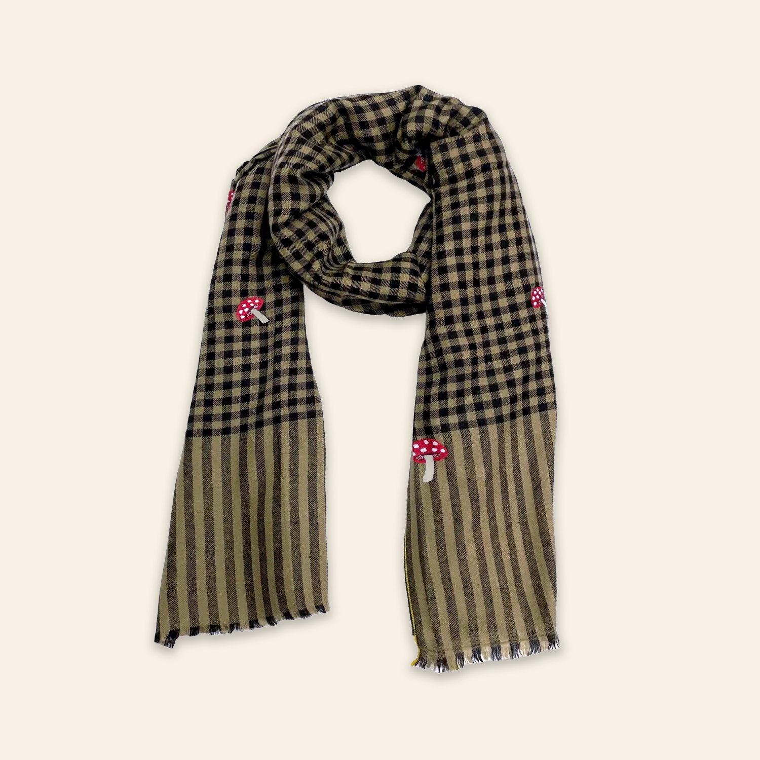Mushroom Embroidered Shawl Black and Tan Mini Check