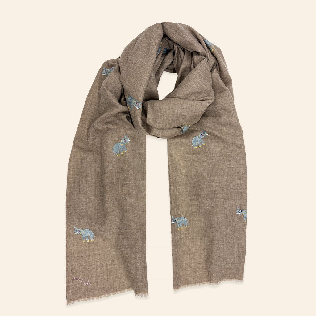 Elephant Embroidered Shawl Natural
