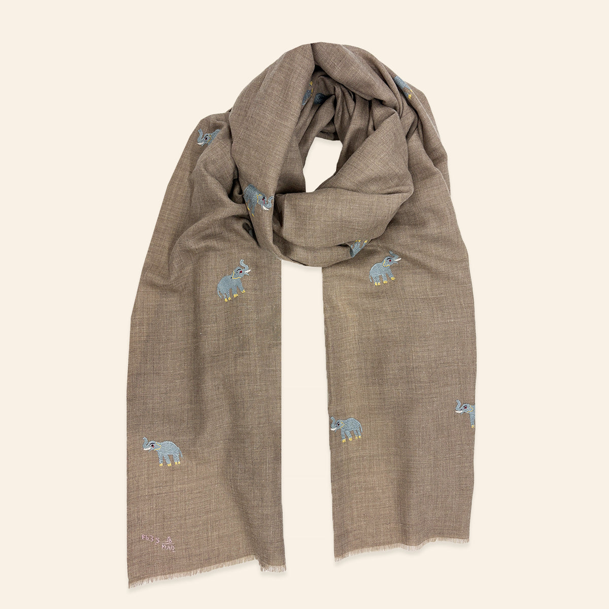 Elephant Embroidered Shawl Natural