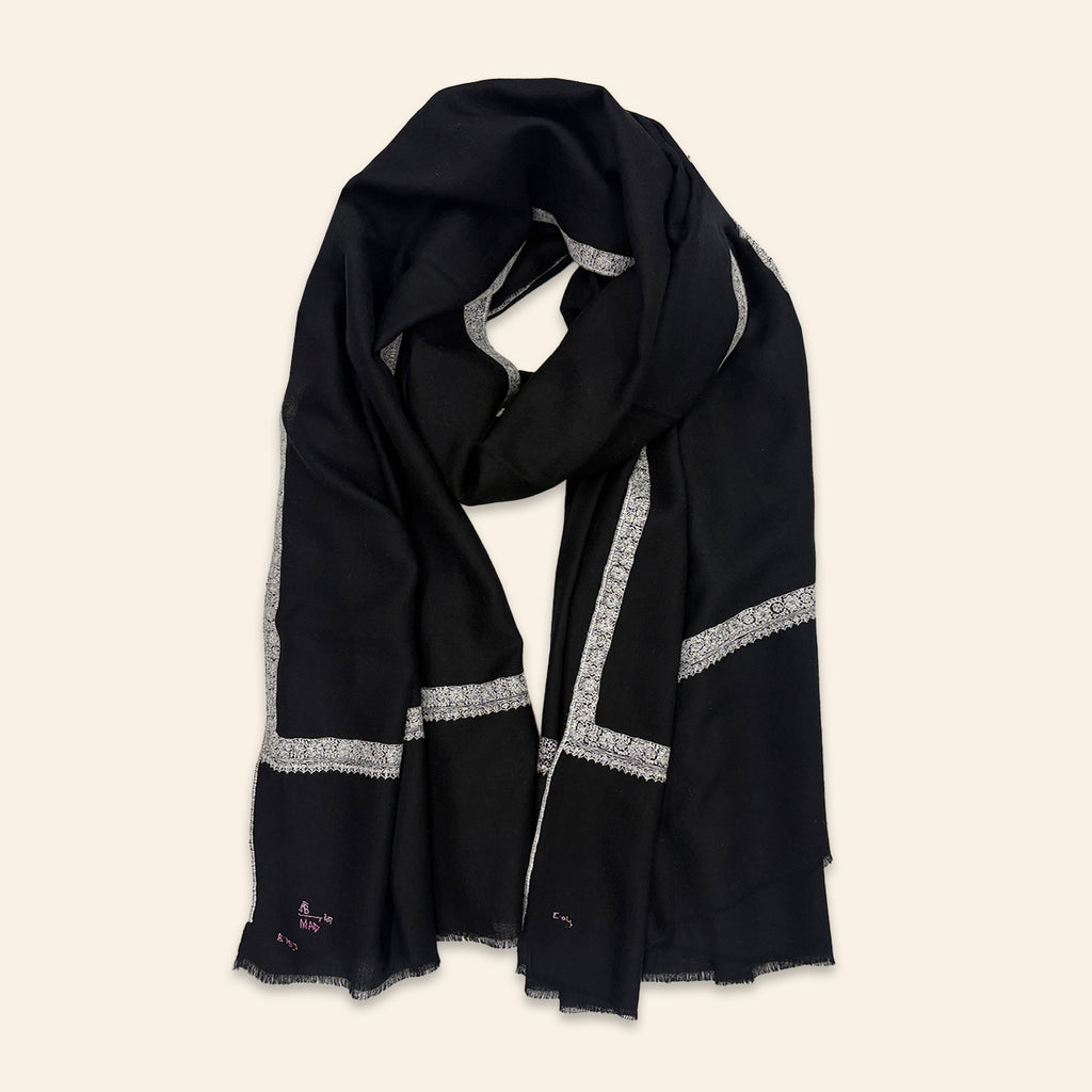 Floral Stripe Embroidered Shawl Black