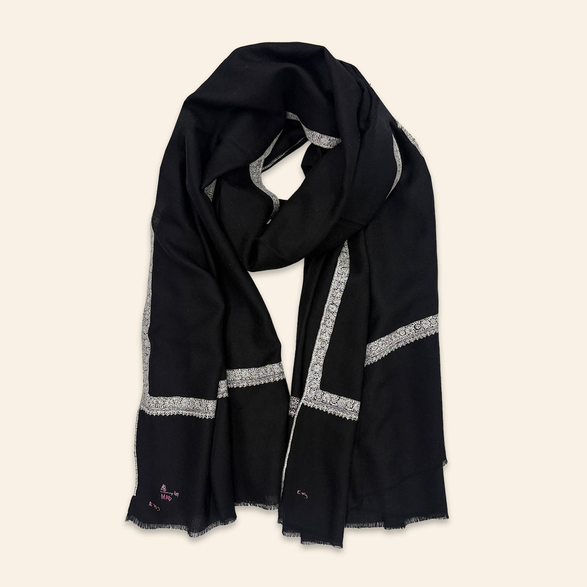 Floral Stripe Embroidered Shawl Black