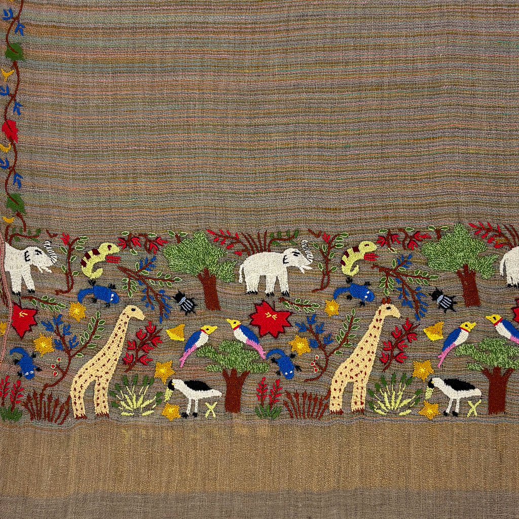 Animal Forest Embroidered Shawl Natural
