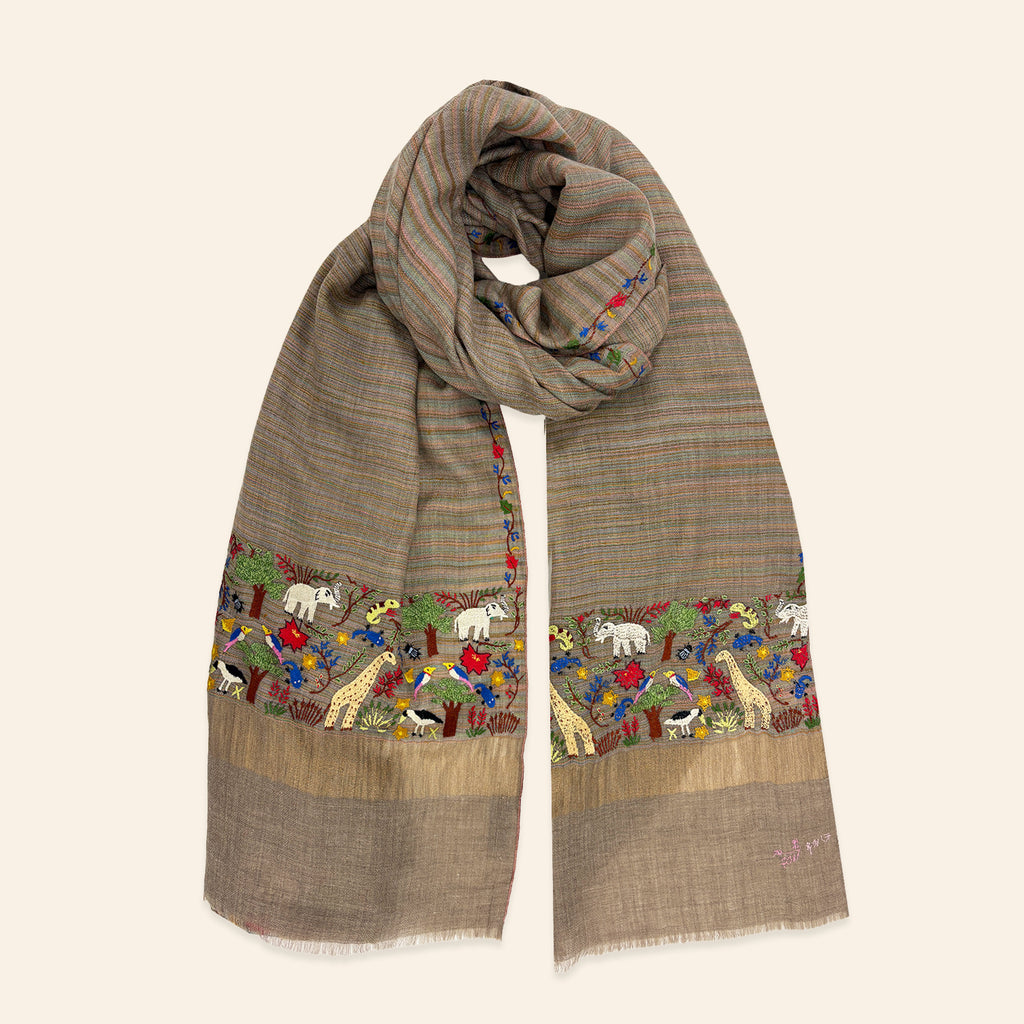 Animal Forest Embroidered Shawl Natural