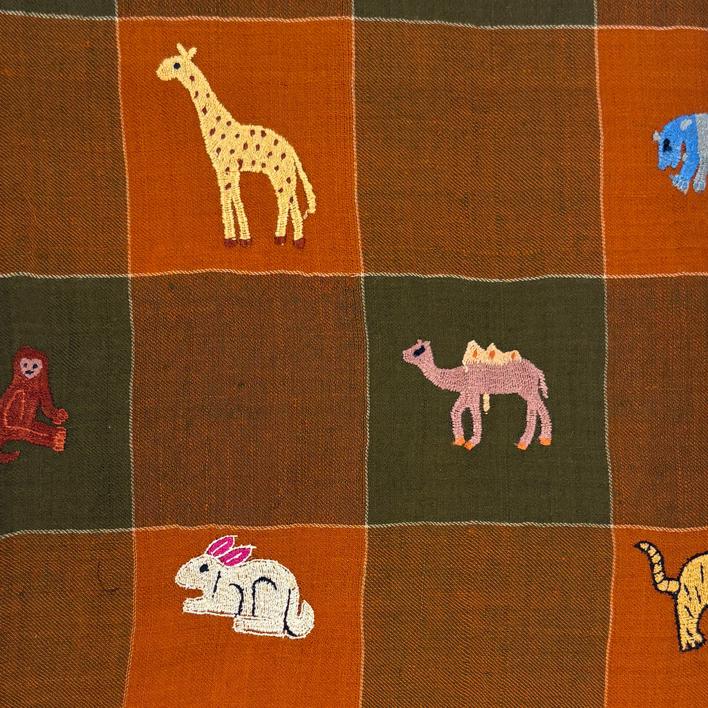 All Over Animal Embroidered Shawl Orange and Green Check