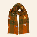 All Over Animal Embroidered Shawl Orange and Green Check