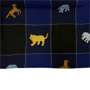 All Over Animal Embroidered Shawl Navy Check