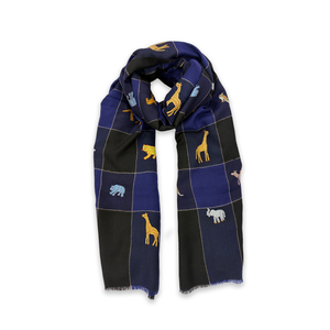 All Over Animal Embroidered Shawl Navy Check