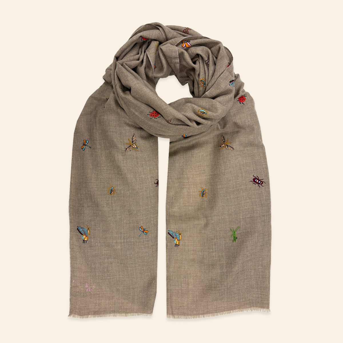 Insect Embroidered Shawl Natural