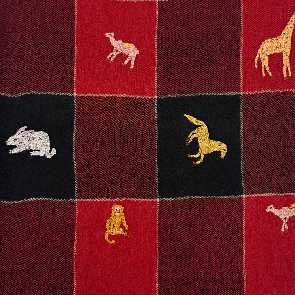 All Over Animal Embroidered Shawl Red and Black Check