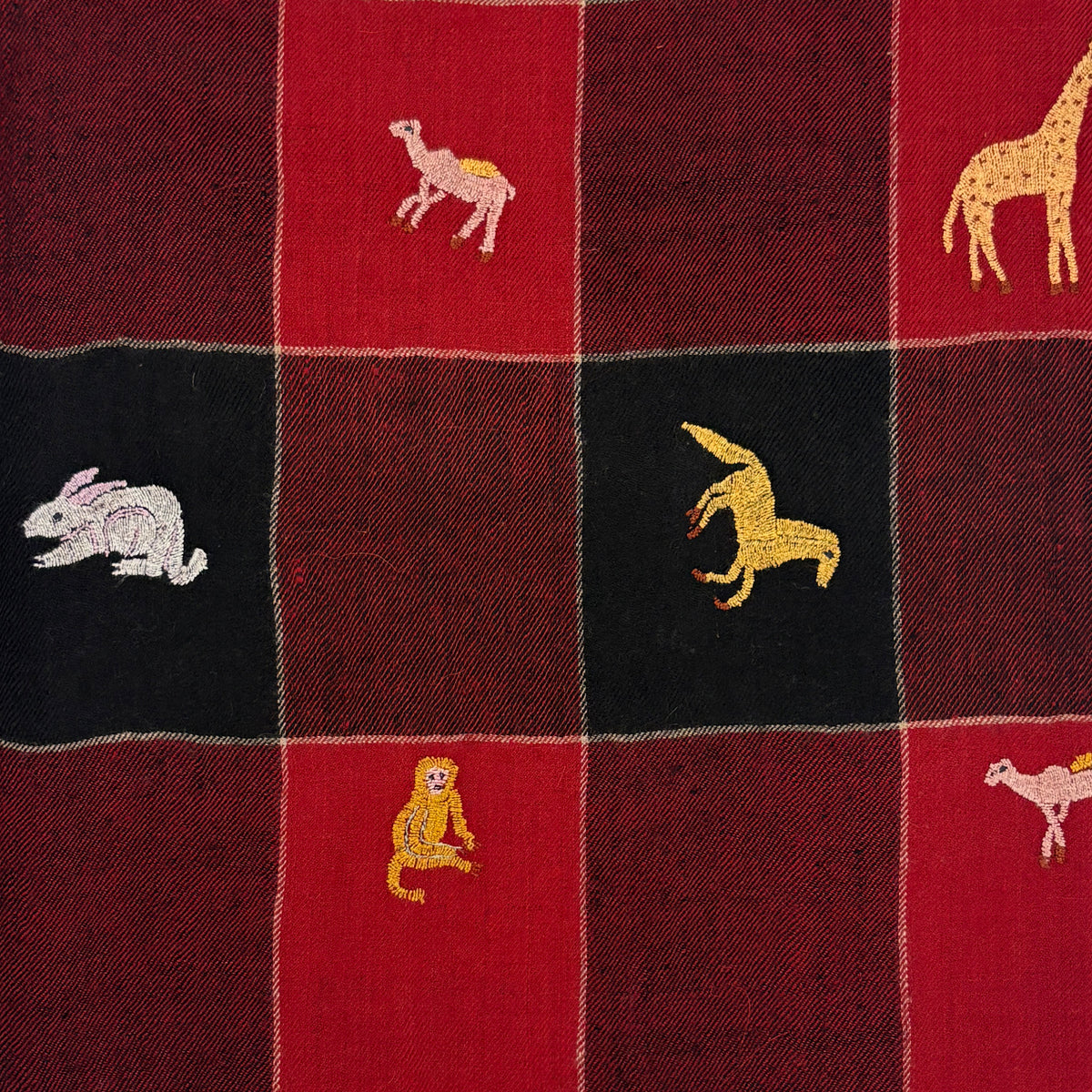 All Over Animal Embroidered Shawl Red and Black Check