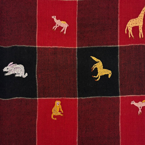 All Over Animal Embroidered Shawl Red and Black Check