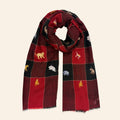 All Over Animal Embroidered Shawl Red and Black Check