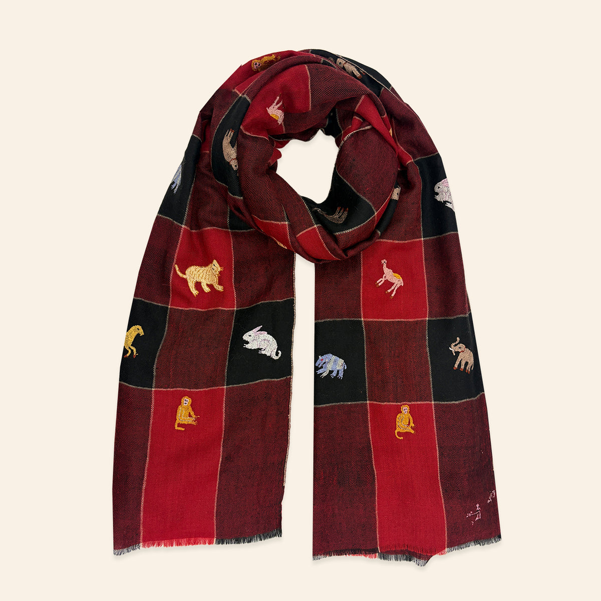 All Over Animal Embroidered Shawl Red and Black Check
