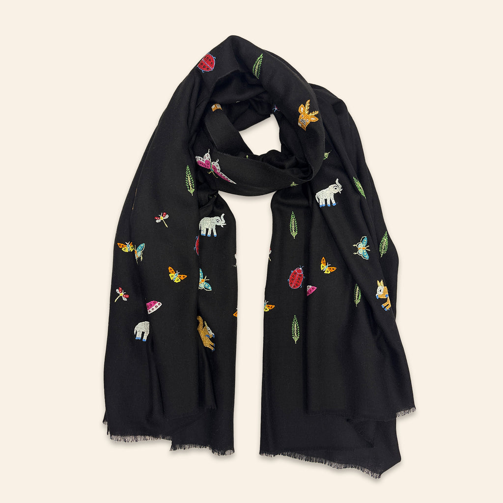 Insect and Animal Embroidered Shawl Black