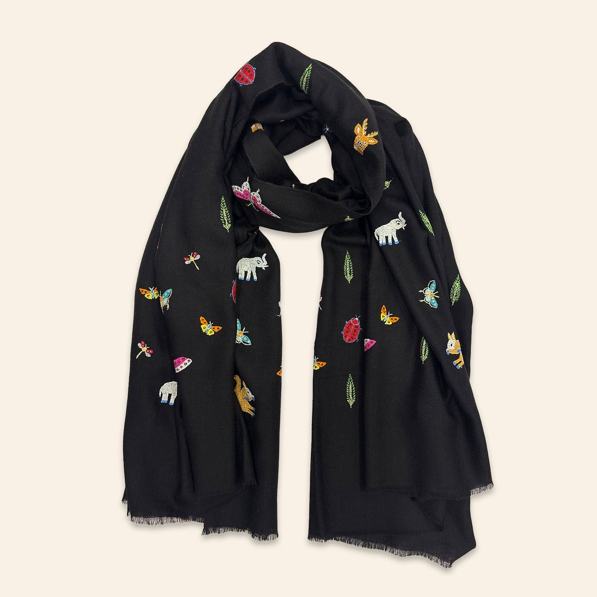Insect and Animal Embroidered Shawl Black
