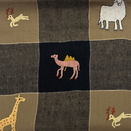All Over Animal Embroidered Shawl Black and Beige Check