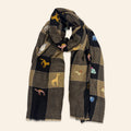 All Over Animal Embroidered Shawl Black and Beige Check