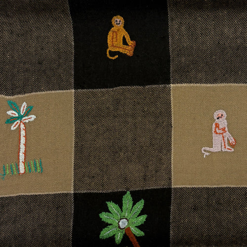 All Over Animal Embroidered Shawl Black and Beige Check