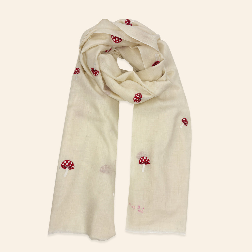 Mushroom Embroidered Shawl Ivory