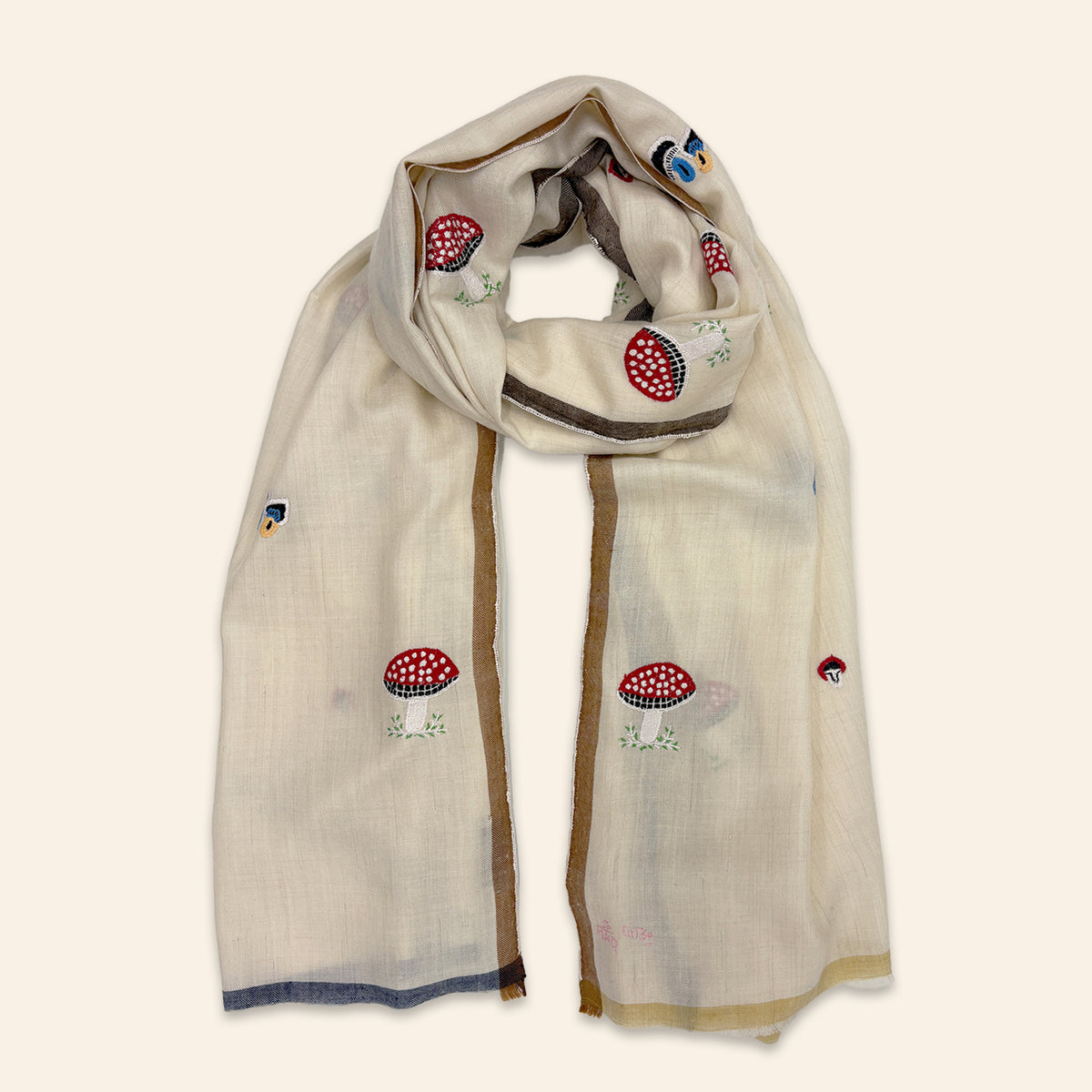 Mushroom Forest Embroidered Shawl Ivory