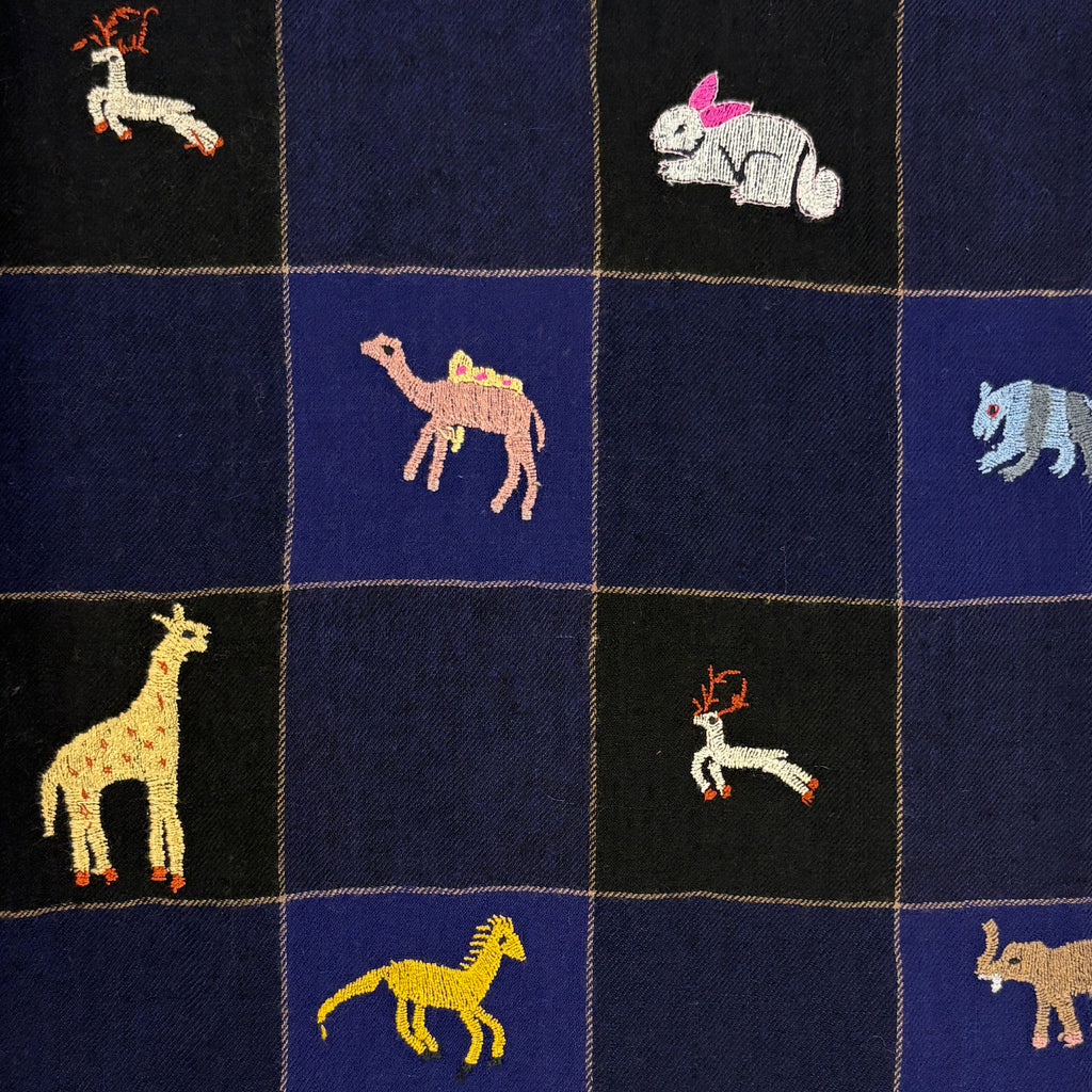 All Over Animal Embroidered Shawl Navy and Black Check