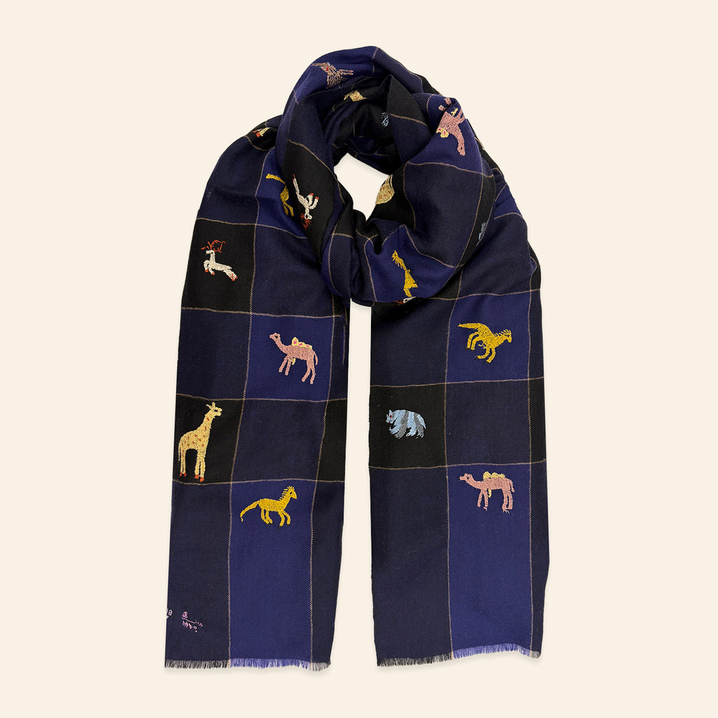 All Over Animal Embroidered Shawl Navy and Black Check