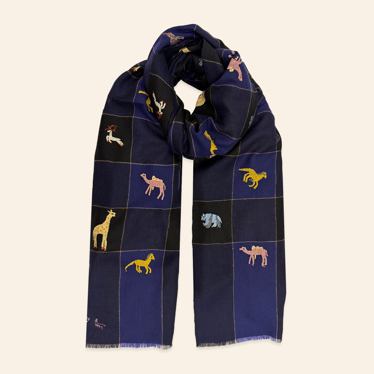 All Over Animal Embroidered Shawl Navy and Black Check
